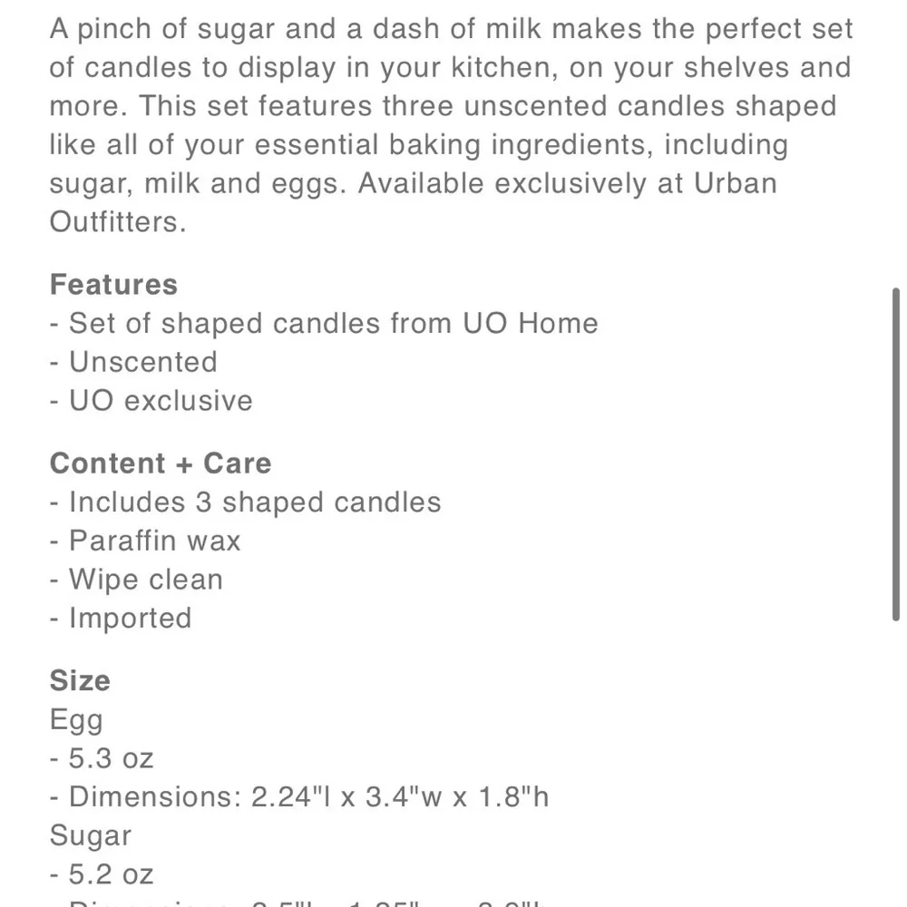 Urban Outfitters Novelty Candle Set NEW baking ingredients milk, eggs, sugar